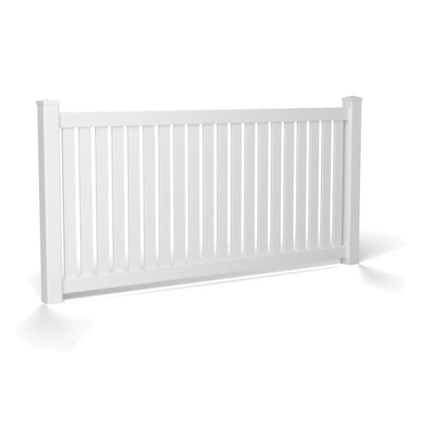 Modern Picket 1200 mm panel, white, flat external post cap — one bay: two posts with the panel between them